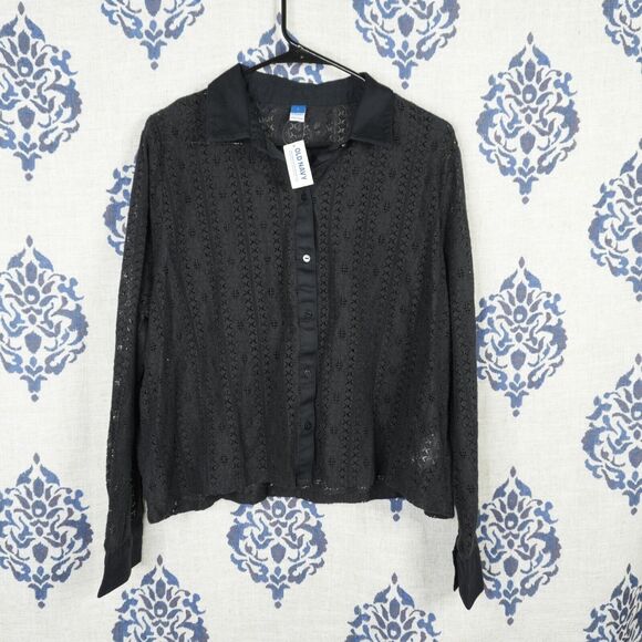 Old Navy Tops - Old Navy Crochet Knit Button Up Black Womens's L Long Sleeve Collared NEW